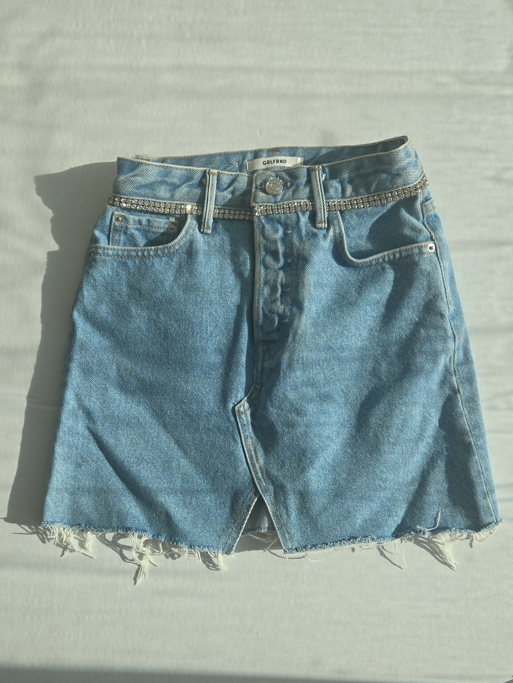 GRLFRND Washed Blue Denim Mini Skirt with Rhinestone Waist Chain - Picture 8 of 9